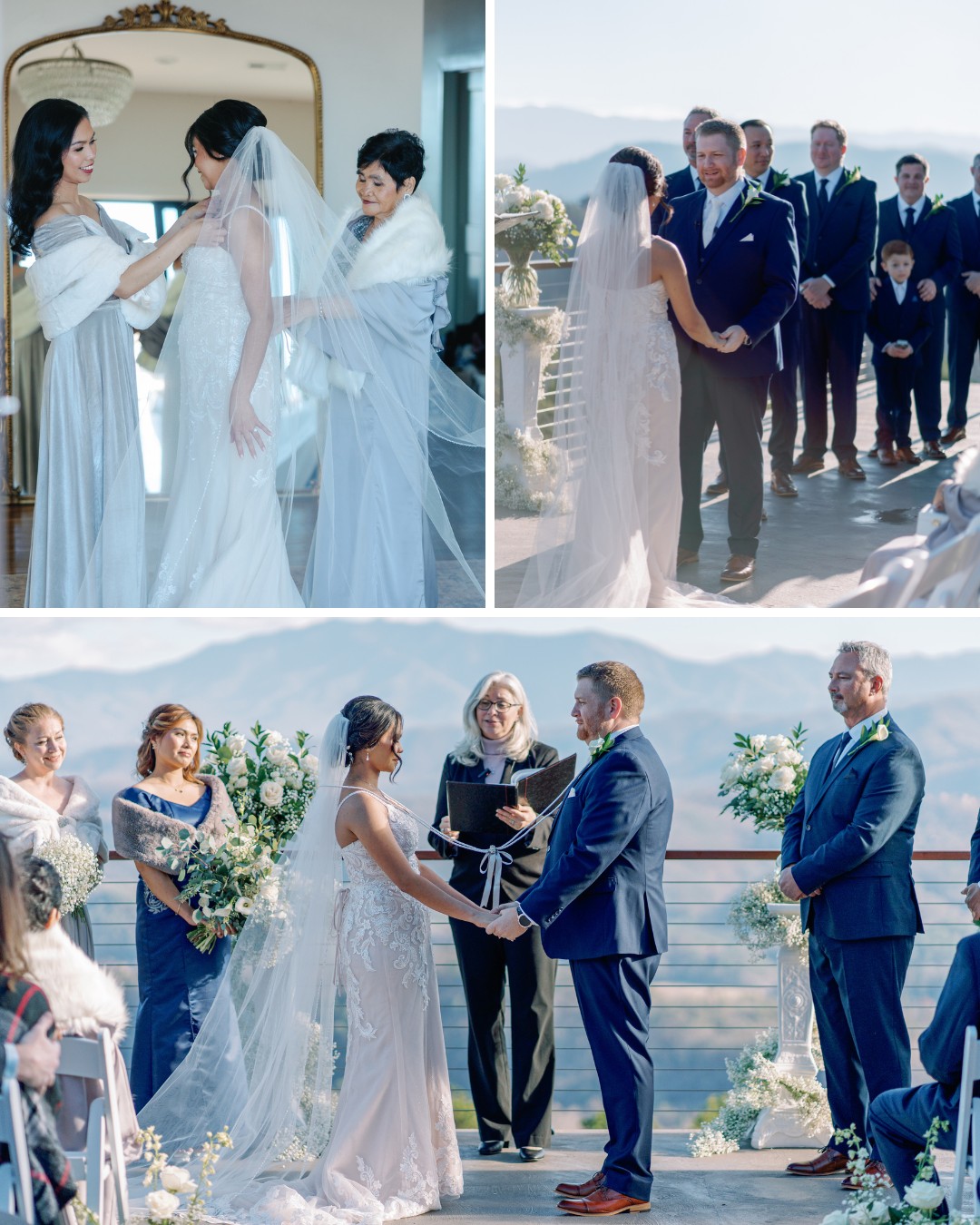 A bride in a wedding gown gets ready, then stands at an outdoor altar with the groom. Bridesmaids and groomsmen are present, and a scenic view provides the backdrop.