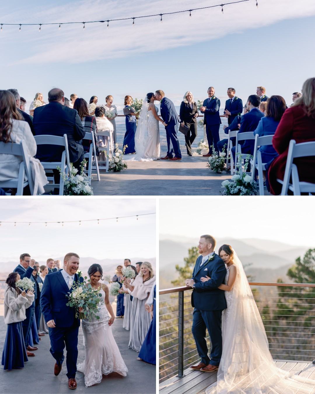 A couple gets married outdoors with a scenic mountain view. They walk down the aisle and pose on a deck, surrounded by the wedding party and guests.