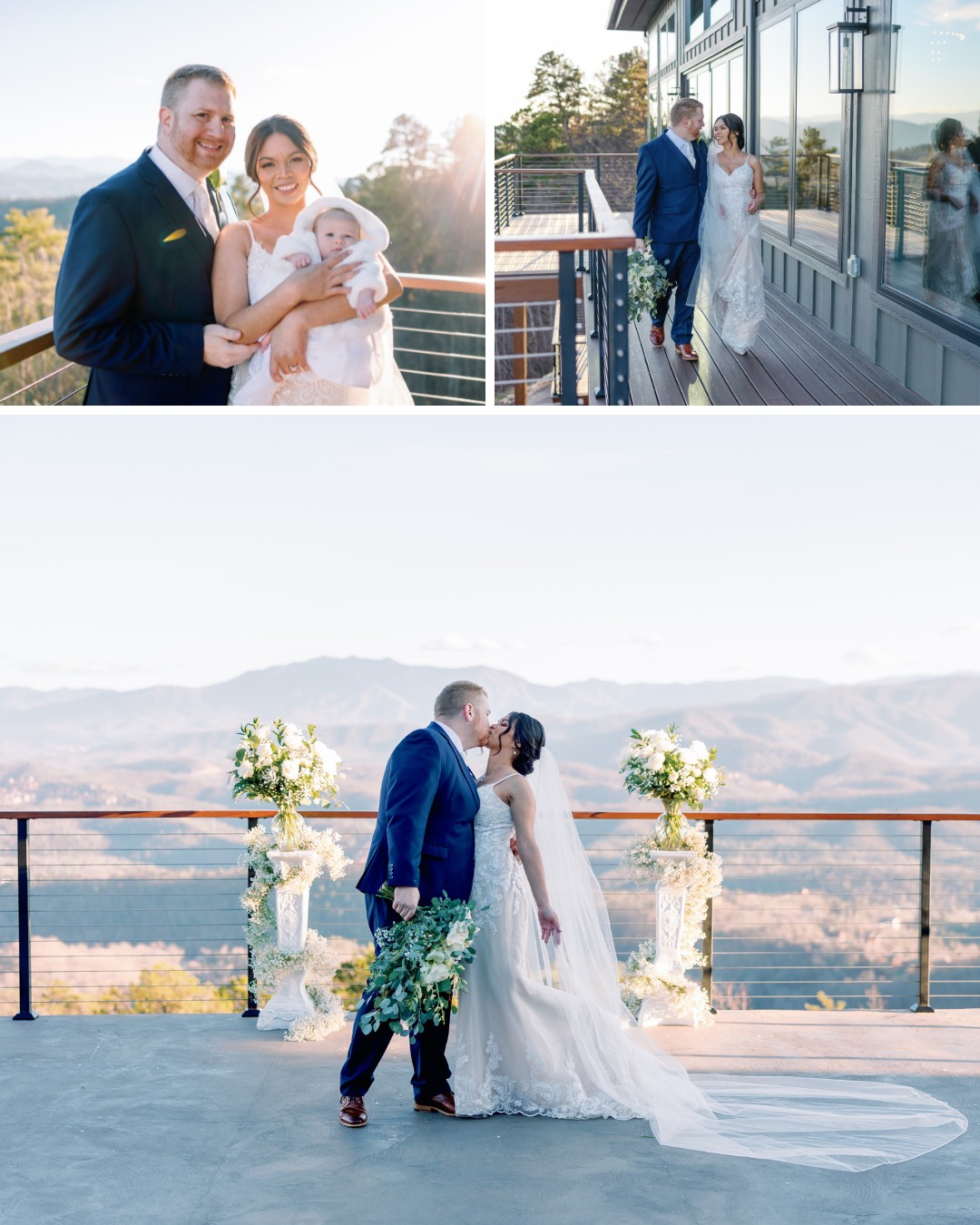 A bride and groom pose with a baby on a balcony overlooking mountains. The couple is also shown walking and kissing, with mountain scenery in the background.