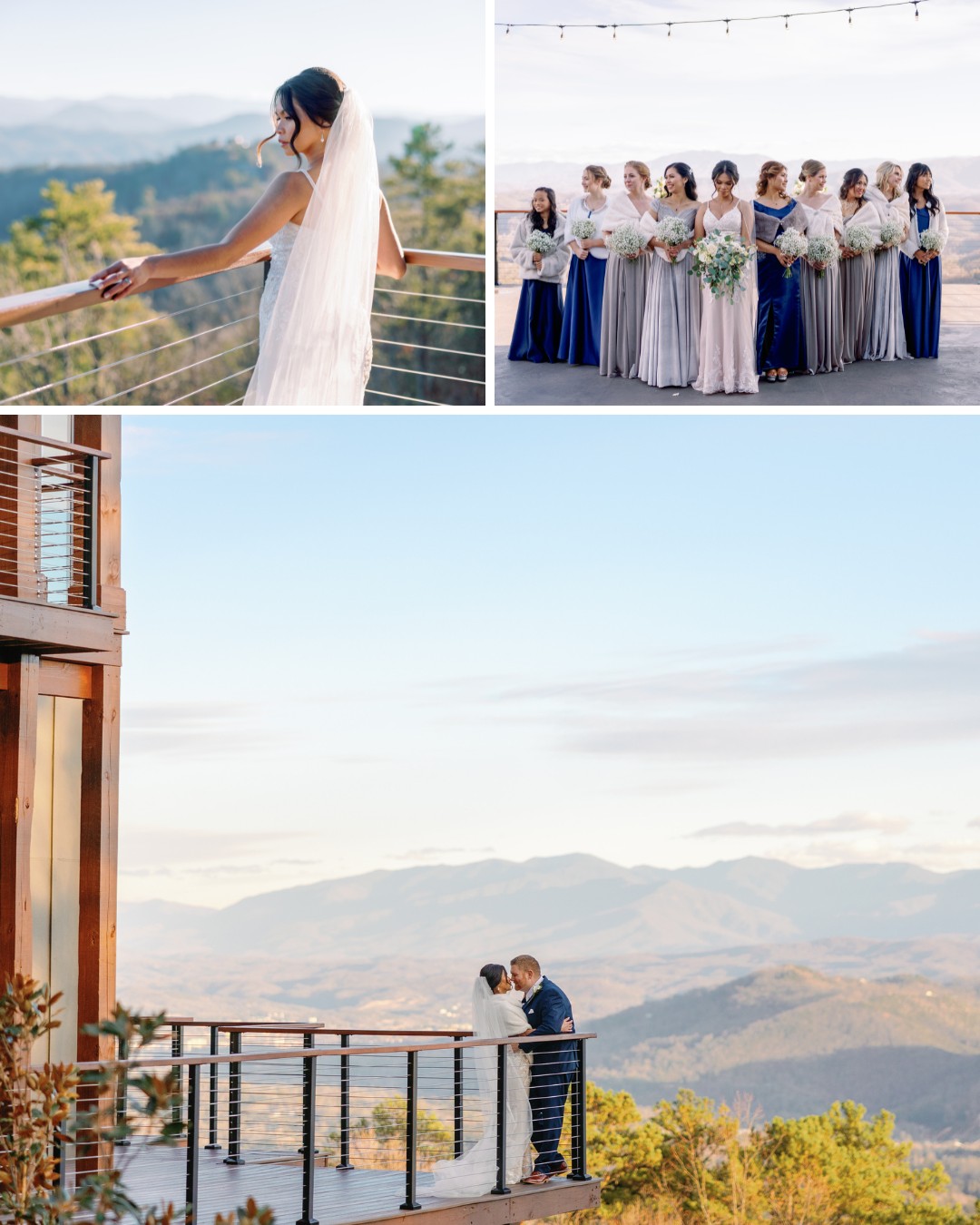 Bride on a balcony with mountains; bridal party lined up on a terrace; couple embracing on a balcony with scenic mountain views.