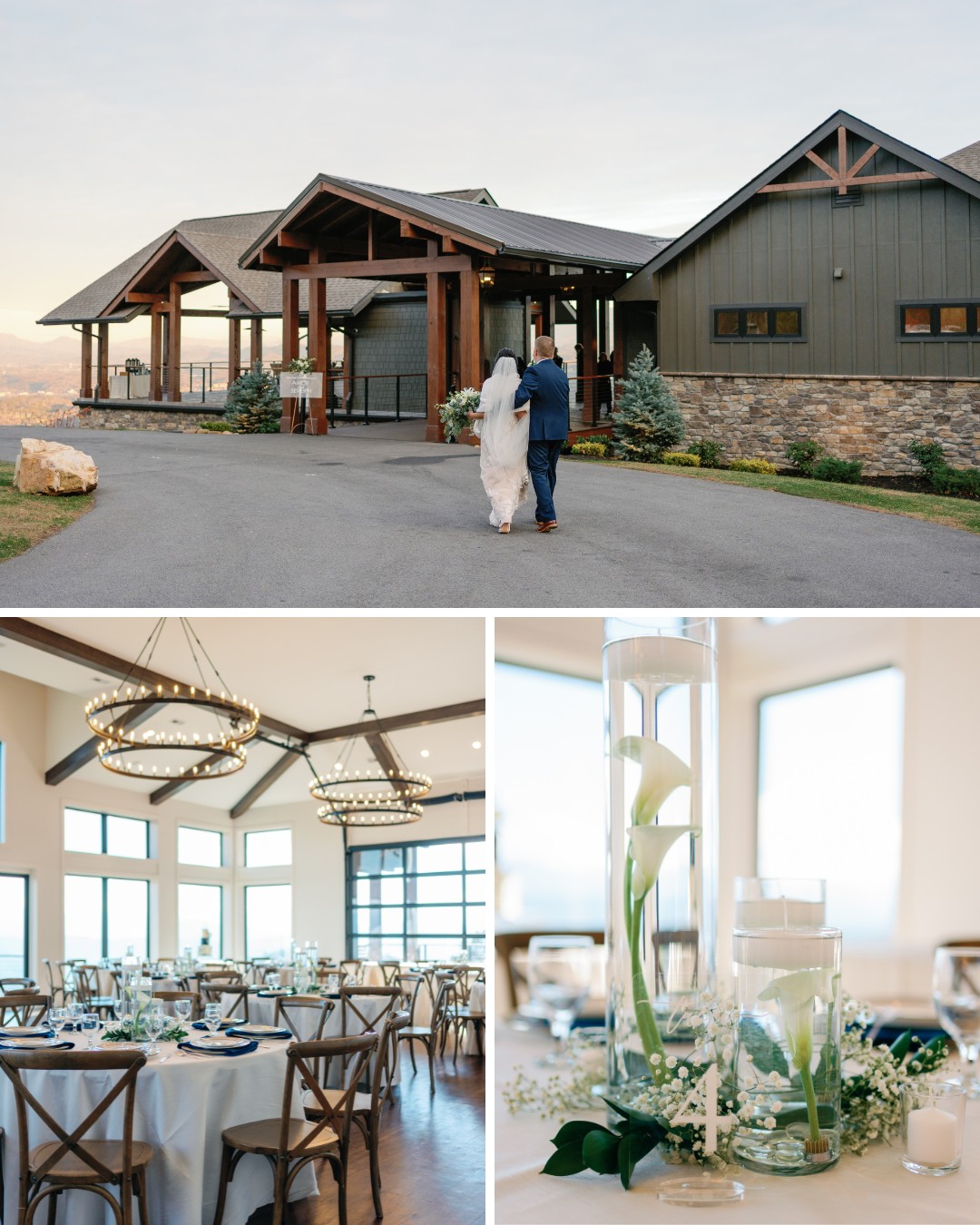 A bride and groom walk towards a rustic venue. The interior shows a decorated banquet hall with wooden chairs, round tables, and floral centerpieces with candles.