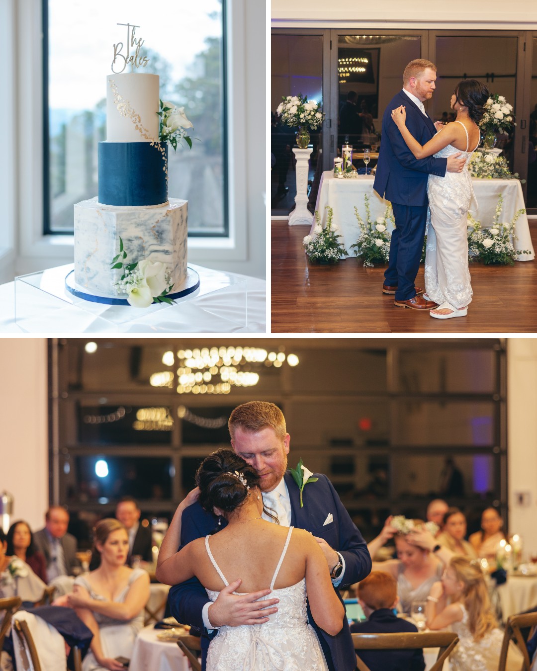 A three-tier wedding cake on a table; a couple dancing at their wedding reception; tables with guests in the background.