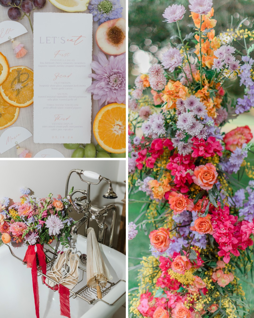 Colorful floral arrangements with a mix of vibrant roses and wildflowers. Orange and lemon slices next to a printed event menu. Bouquets placed in a bathtub with a vintage faucet.