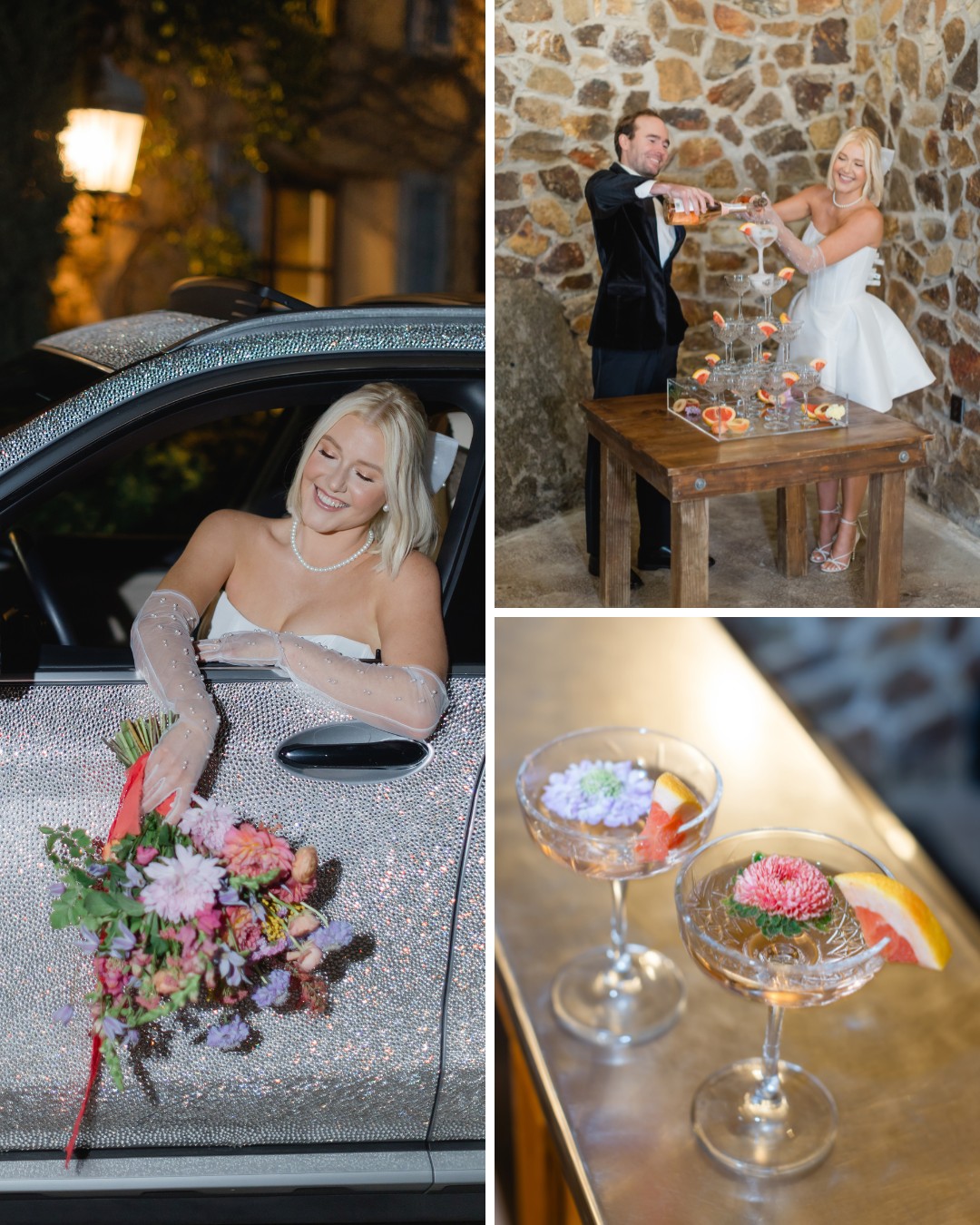 Bride in a sparkling car with a bouquet, and a couple pouring champagne into a pyramid of glasses on a wooden table. Close-up of two decorated champagne glasses.