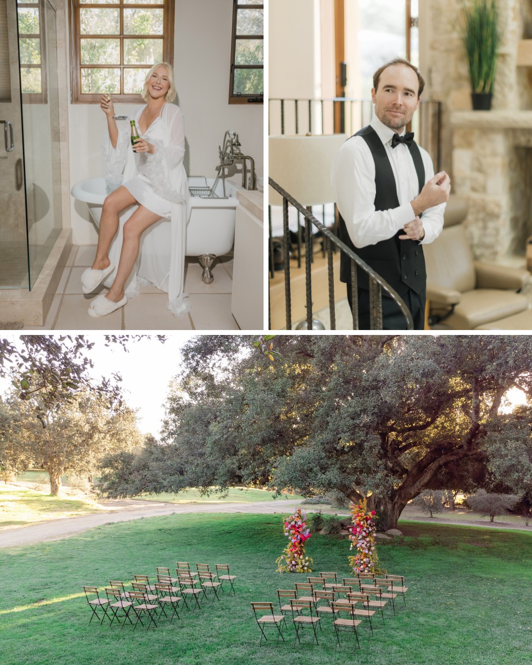 A woman in a white robe sits with champagne next to a bathtub, a man in a vest adjusts his sleeve, and an outdoor wedding setup with chairs and floral arrangements under a large tree.