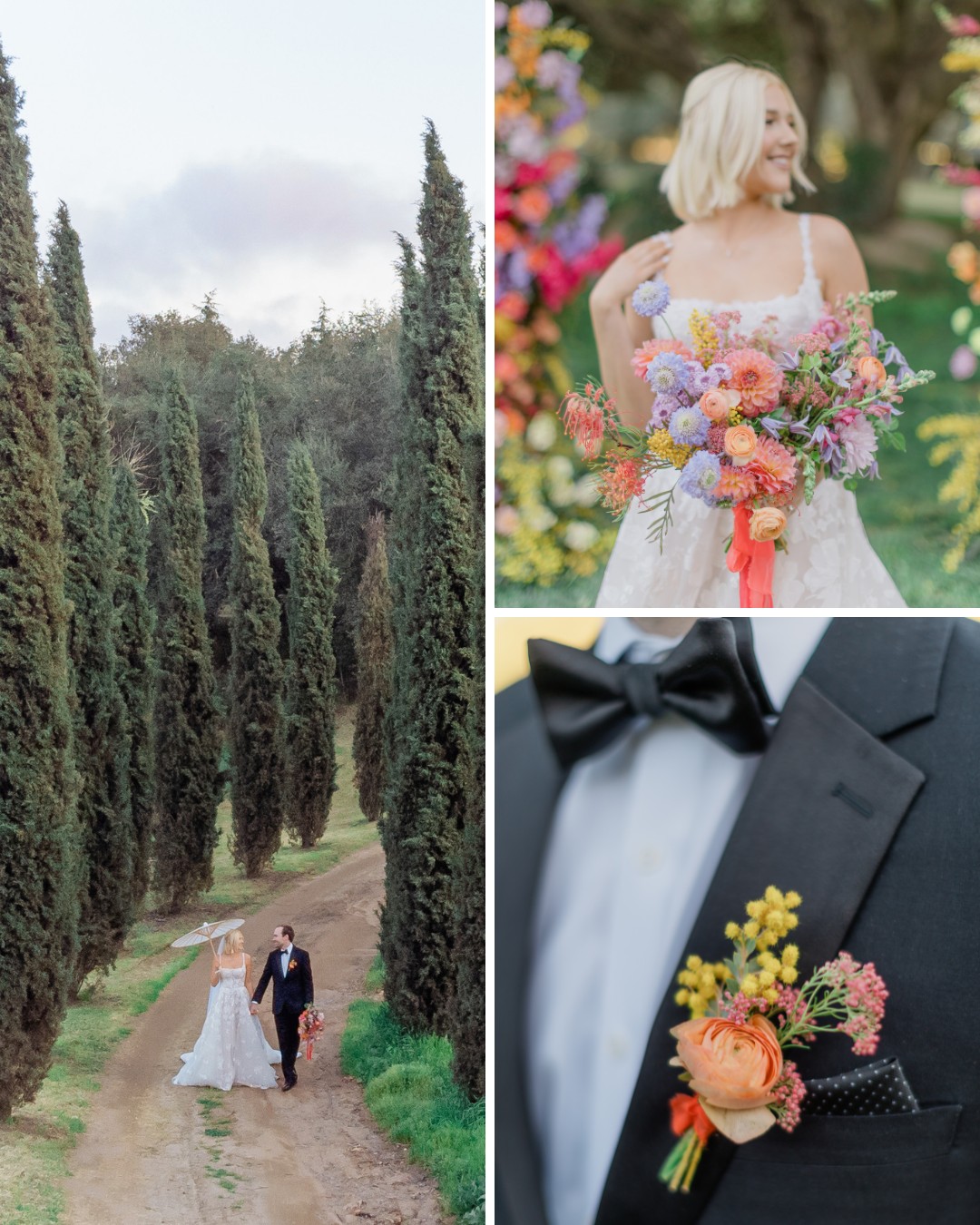 Bride and groom walking on a tree-lined path. Close-up of bride holding colorful flower bouquet. Close-up of groom's suit with boutonniere.