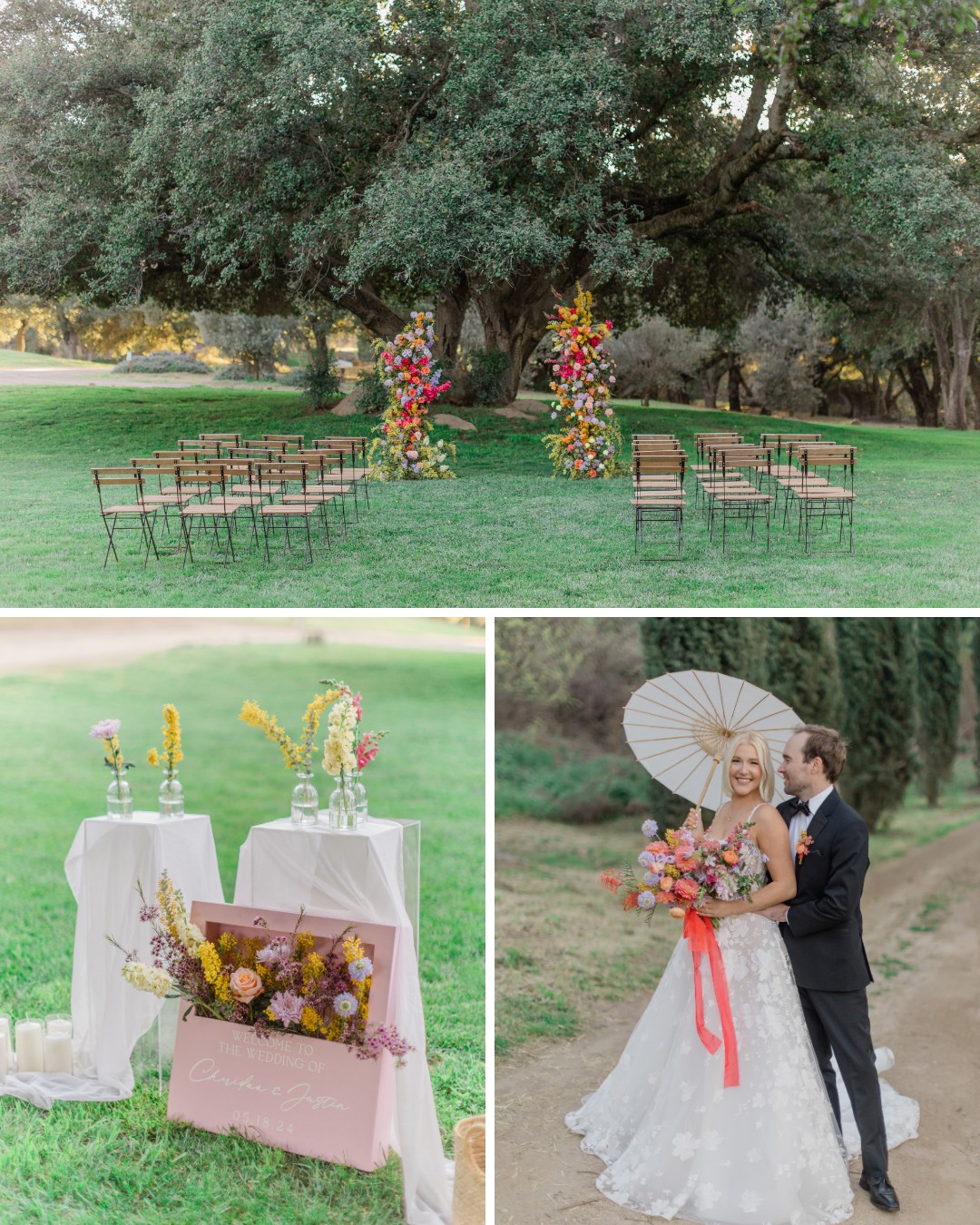 Outdoor wedding setup with chairs and floral arrangements under a large tree. Couple stands on a path; the bride holds a parasol and bouquet. Close-up shows colorful flowers and decor on a table.