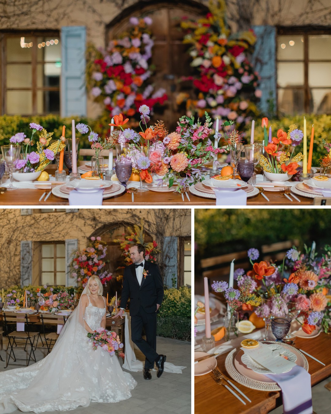 Bride and groom stand near a vibrantly decorated table with colorful flowers and candles. Plates and glasses are set on the table, showcasing a festive and elegant wedding reception theme.