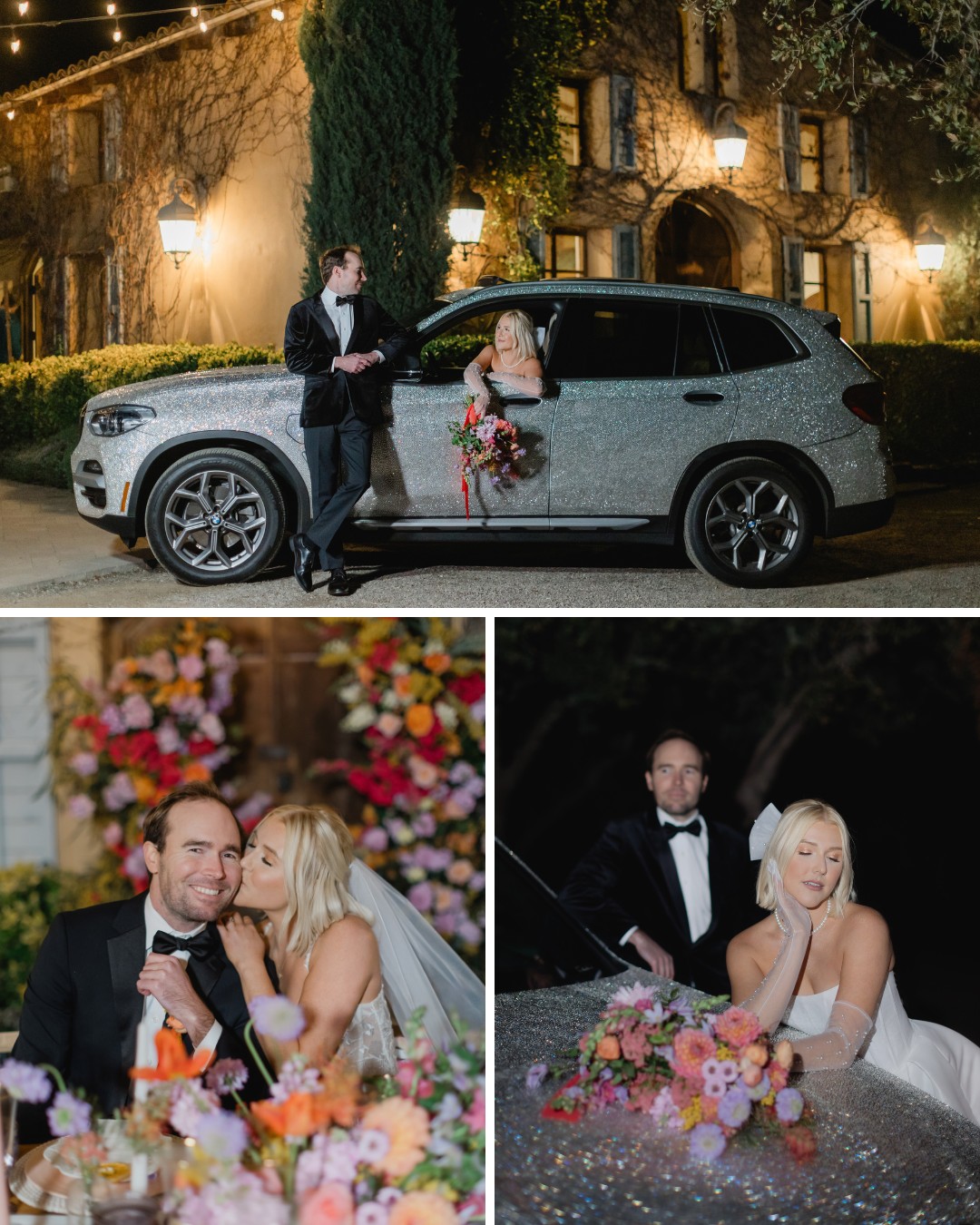 A couple in formal attire poses with a flower-adorned SUV. They share a moment at a floral-decorated setting and pose nearby with a bouquet.