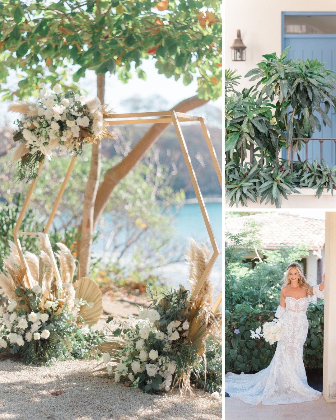 Outdoor wedding scene with geometric floral arch, tropical plants, and a bride in a lace dress.