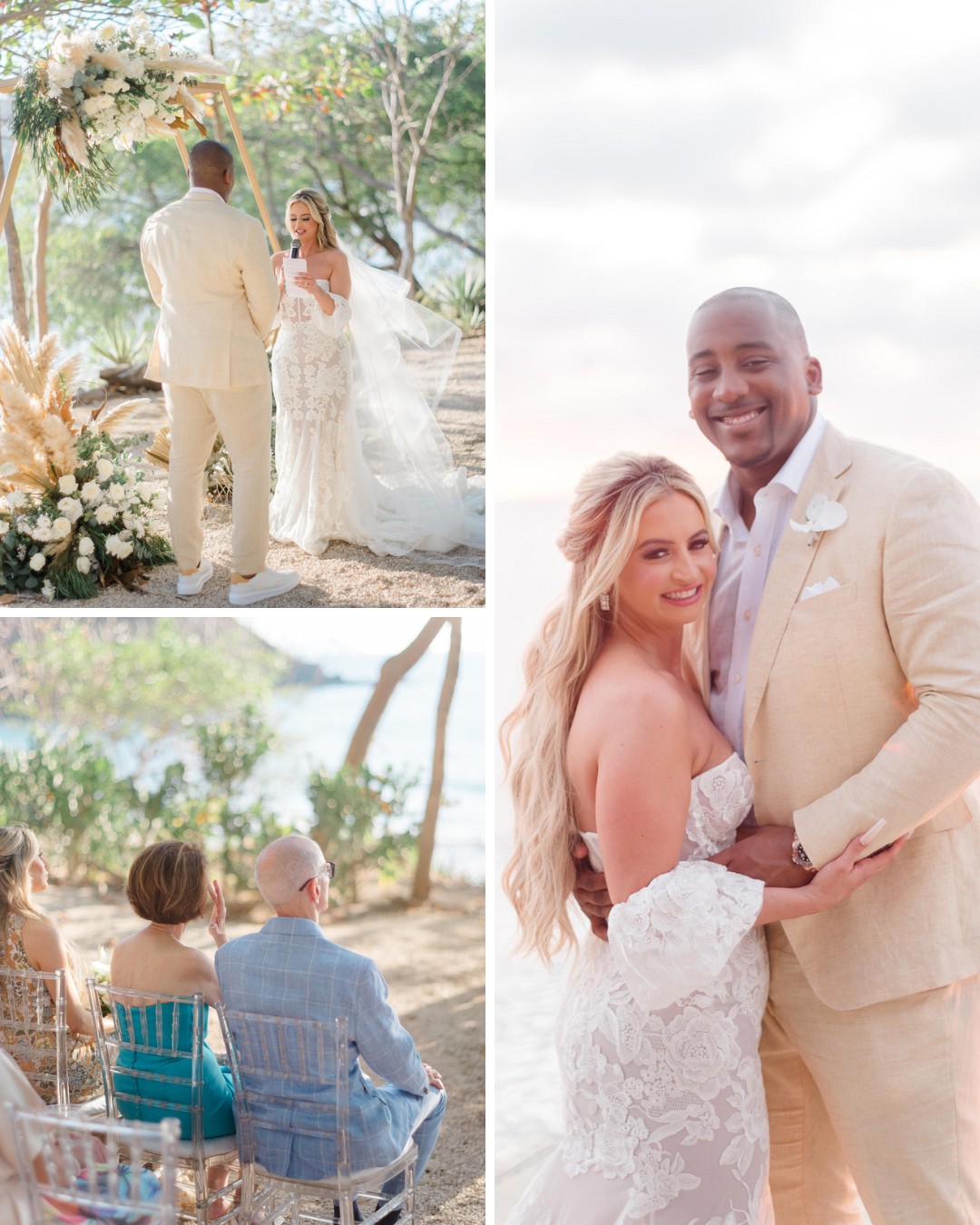 A couple poses together in wedding attire near the beach. They exchange vows under an arch decorated with flowers. Guests are seated, watching the ceremony.