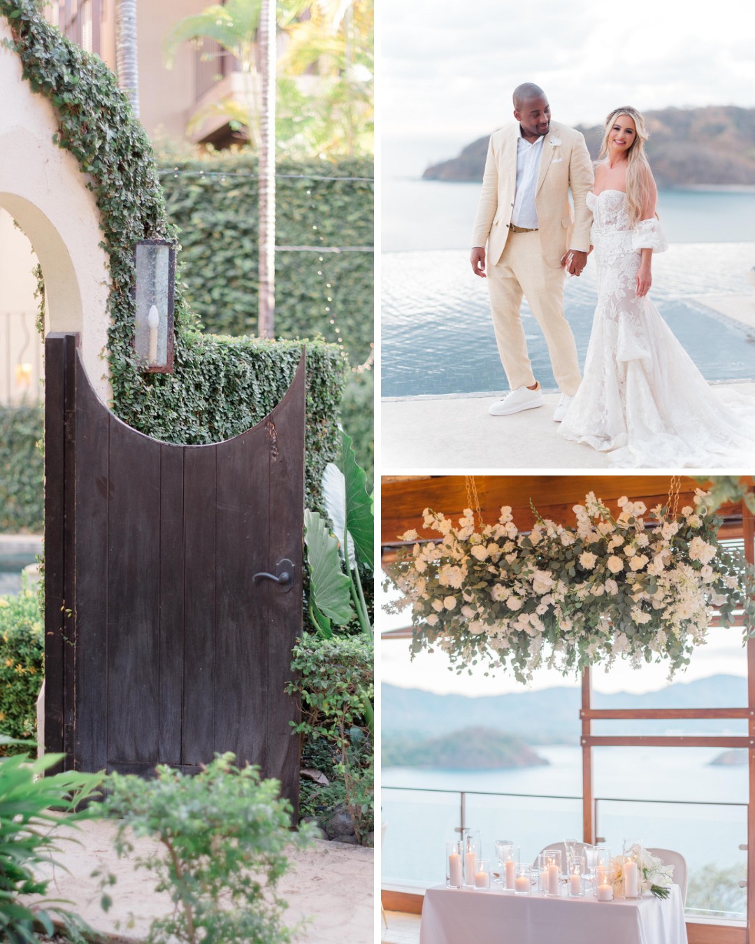 Collage of a scenic wedding venue: a wooden gate with ivy, a couple walking by a pool, and a decorated reception table with flowers and candles overlooking the ocean.