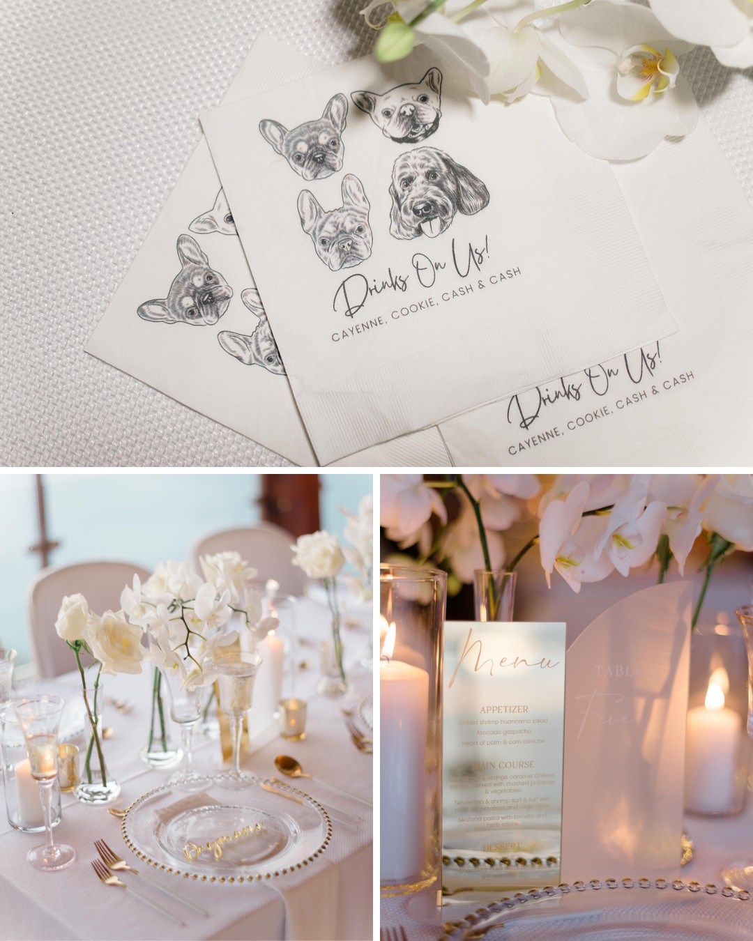 Elegant wedding table setting with floral decor, personalized napkins featuring dog illustrations, and a menu with appetizers and entrees.