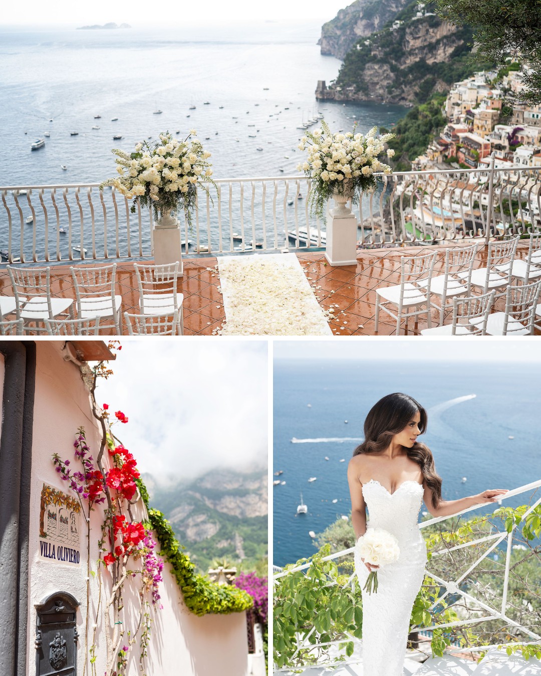 A coastal wedding setup with white chairs and flowers overlooks the sea. Below, a woman in a white dress holds a bouquet. Vibrant flowers adorn walls in a scenic coastal town.