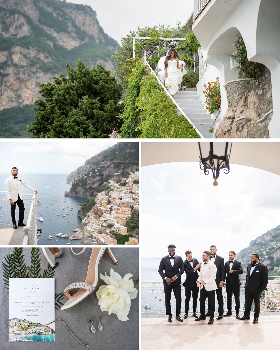 Collage of wedding scenes: bride descending stairs, groom with groomsmen, coastal view of town and sea, wedding invitation, and bridal shoes with jewelry.