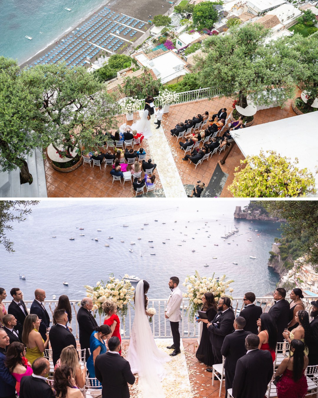 An outdoor wedding ceremony on a terrace overlooking the sea, with guests seated and a scenic coastal view in the background.