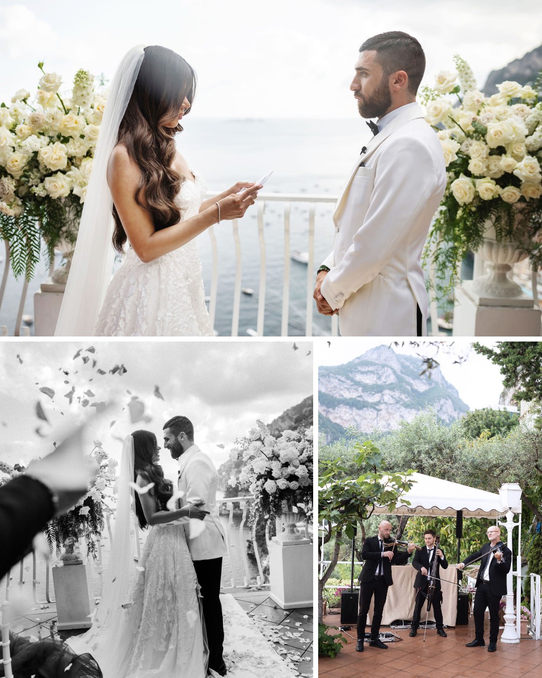 A bride and groom exchange vows by the sea, kiss amidst flower petals, and enjoy music from a band at their outdoor wedding ceremony.