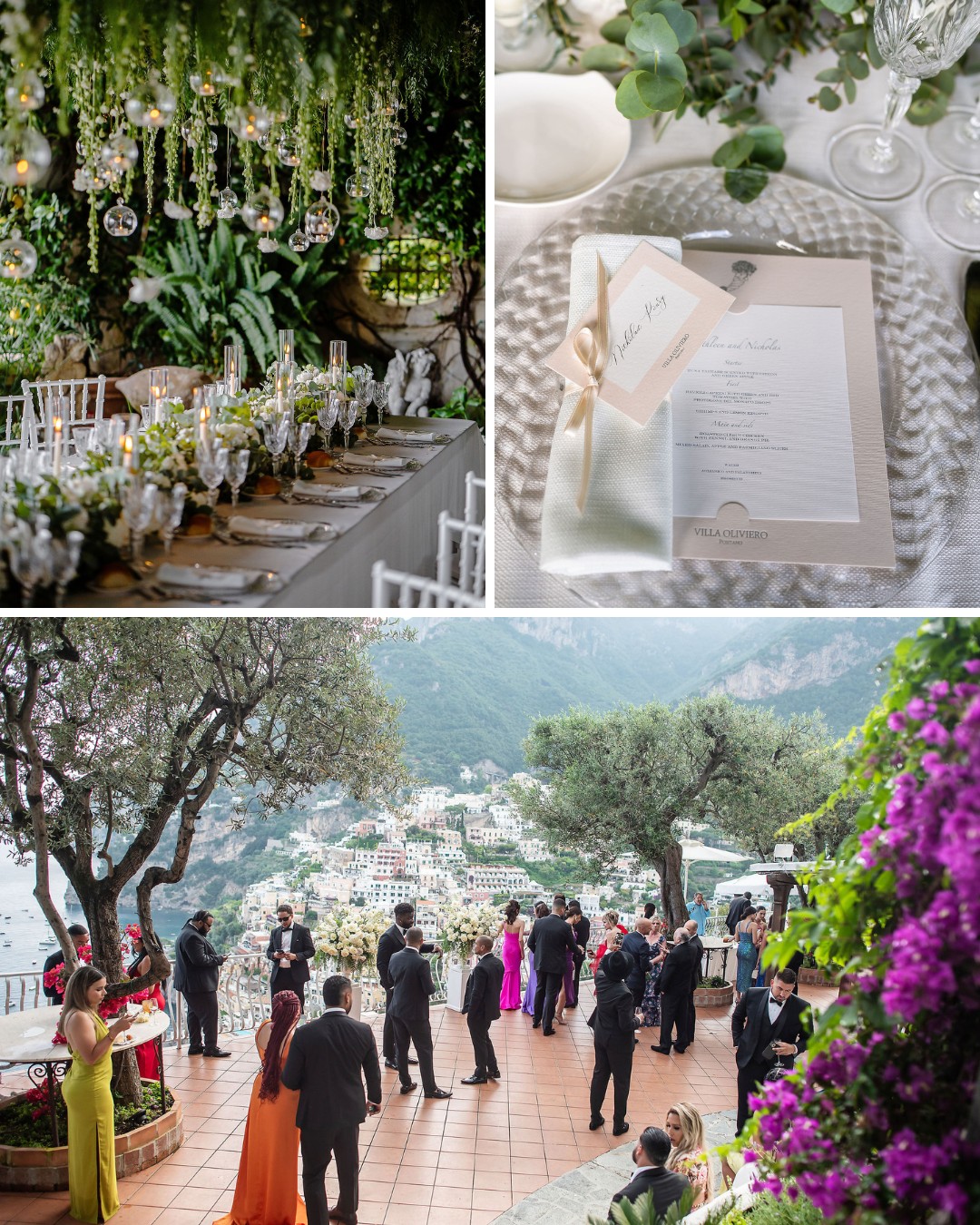 Elegant outdoor wedding reception with decorated tables, menu cards, and guests mingling on a terrace overlooking a scenic view.