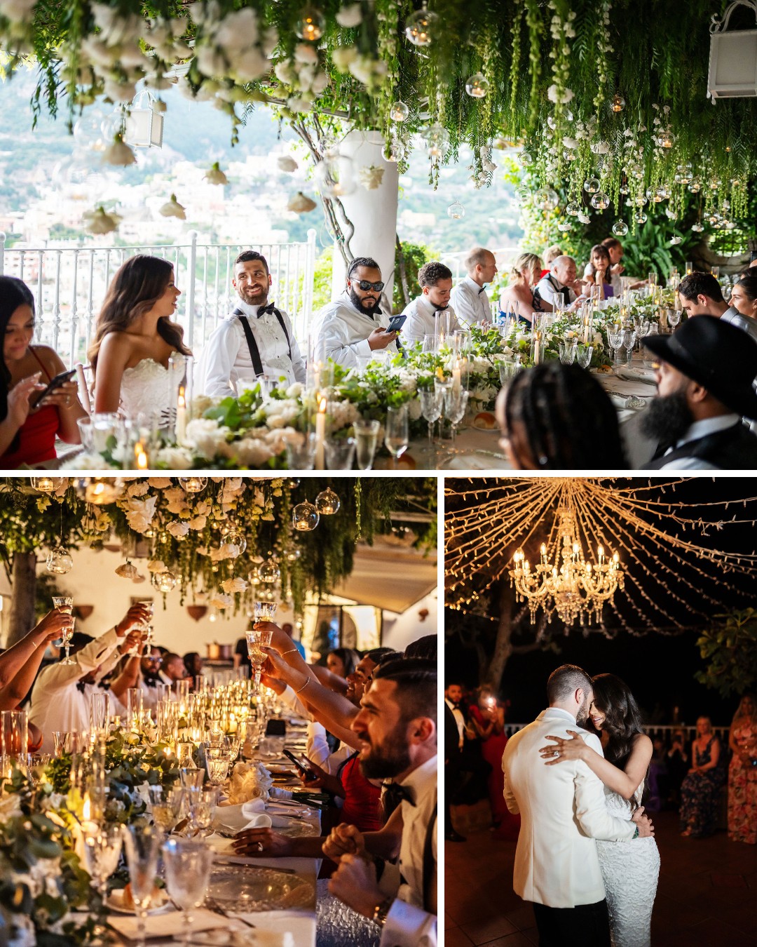 Guests seated at a long table adorned with greenery and flowers, raising glasses in a toast, with a couple dancing under a chandelier in another scene.