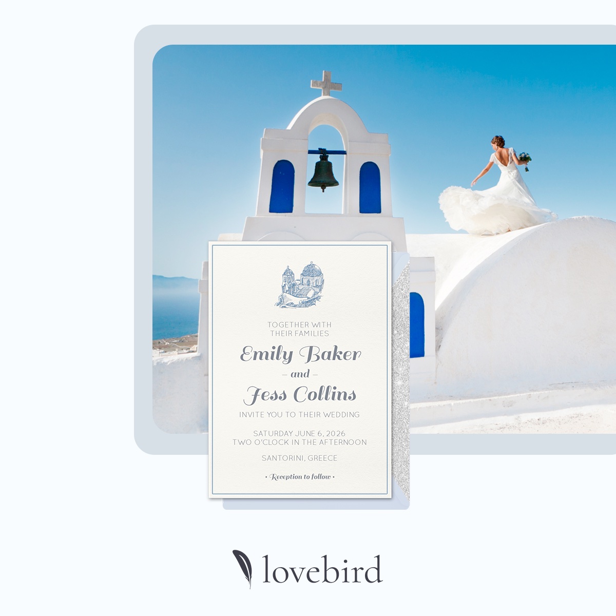 A wedding invitation card is overlaid on an image of a bride in a white dress standing on a whitewashed building with blue accents and a bell tower, set against a clear blue sky.