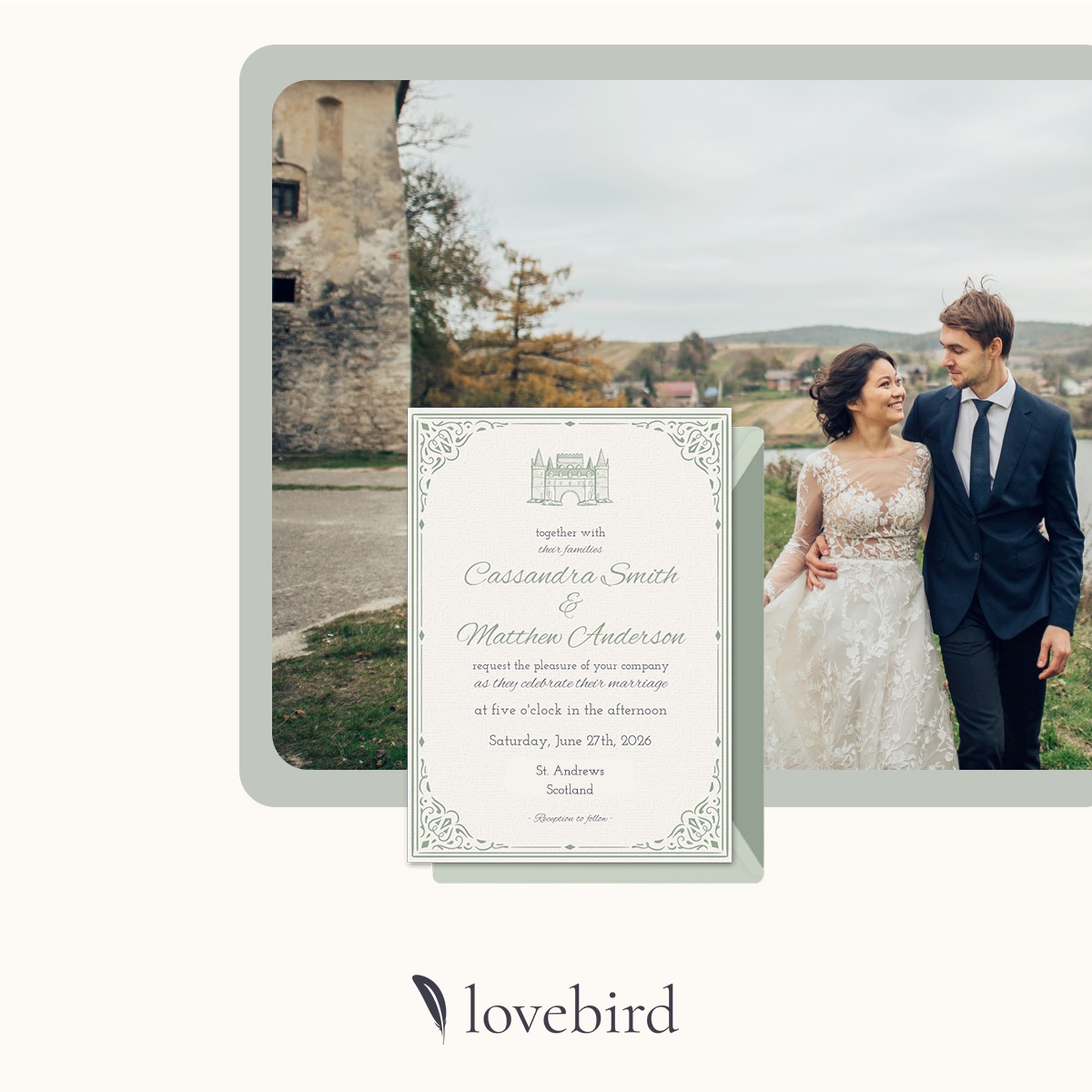 Wedding invitation card overlaying a photo of a couple in formal attire walking outside a castle-like building.