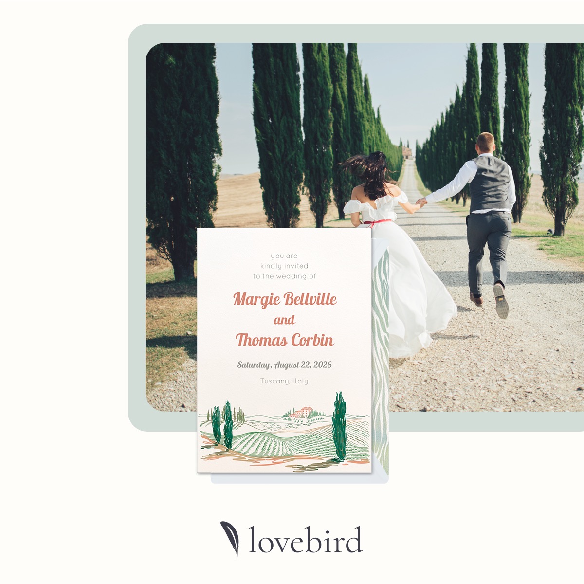 Wedding invitation for Margie Belliville and Thomas Corbin, dated August 22, 2026, in Tuscany, Italy, overlaid on an image of a couple running down a tree-lined path.