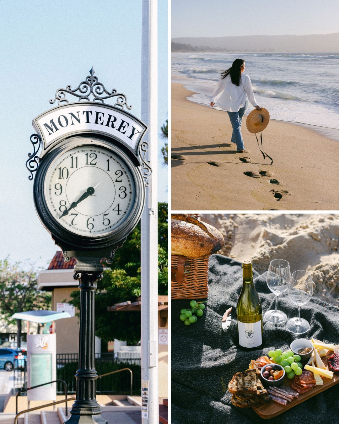 A clock labeled "Monterey," a person walking on a beach with a hat, and a picnic setup with wine, grapes, bread, and cheese on a blanket.