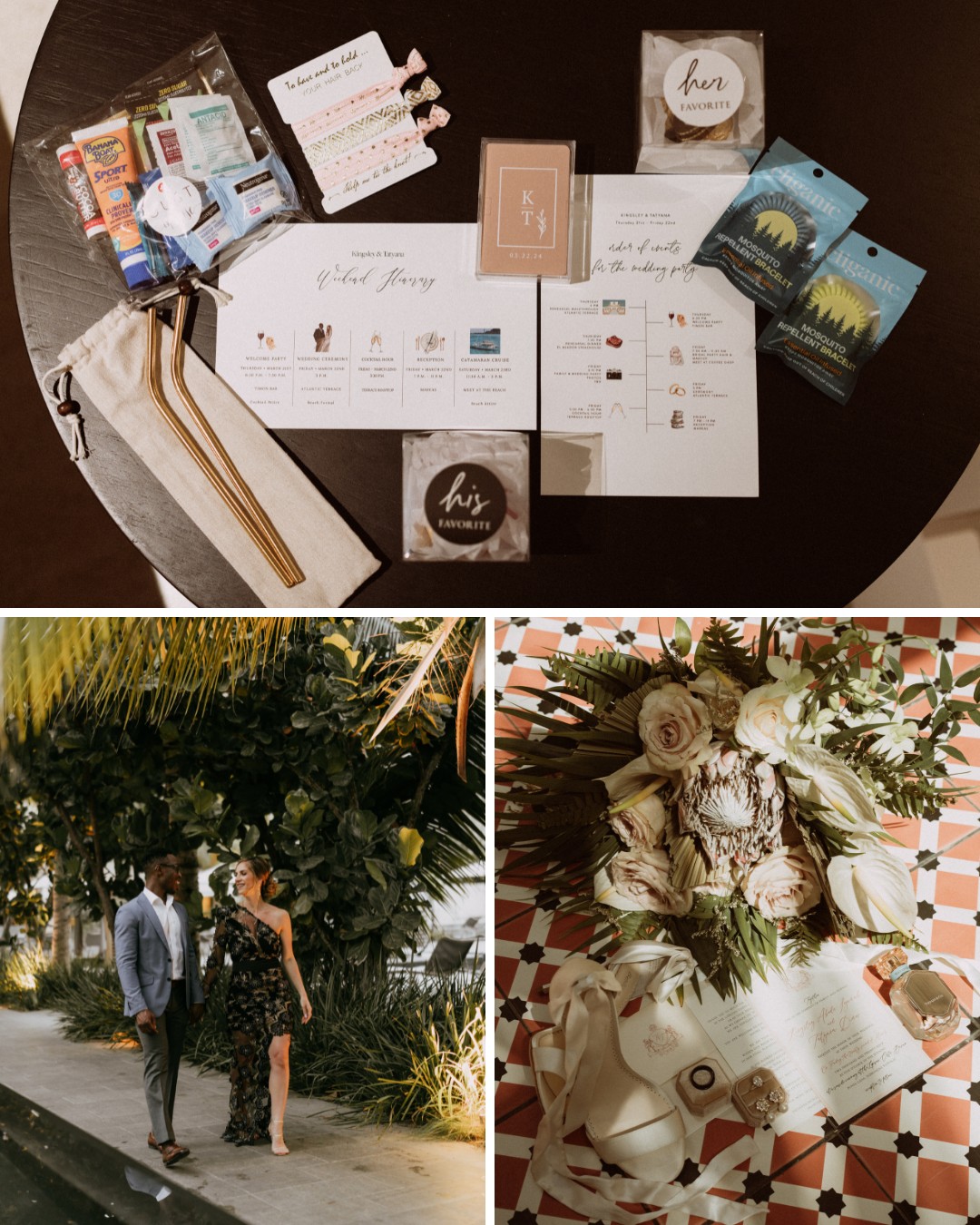 An arrangement of gift bags and wedding invitations on a table; below, a couple stands by palm trees and a bouquet with wedding stationery on a checkered surface.