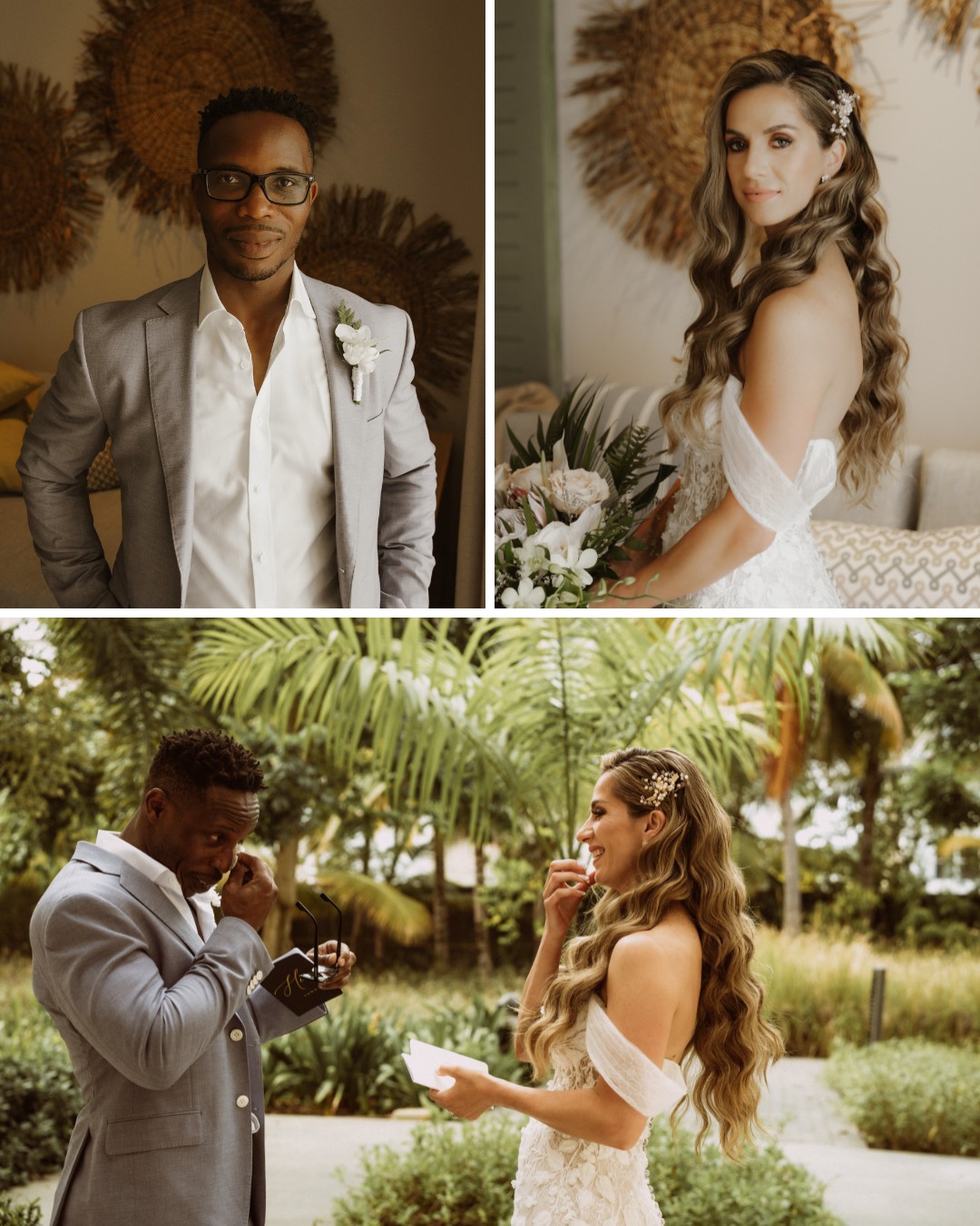 A bride and groom in wedding attire. The groom wears a gray suit; the bride holds a bouquet. They are outdoors and indoors with decorative backgrounds. The couple is reading papers and smiling.