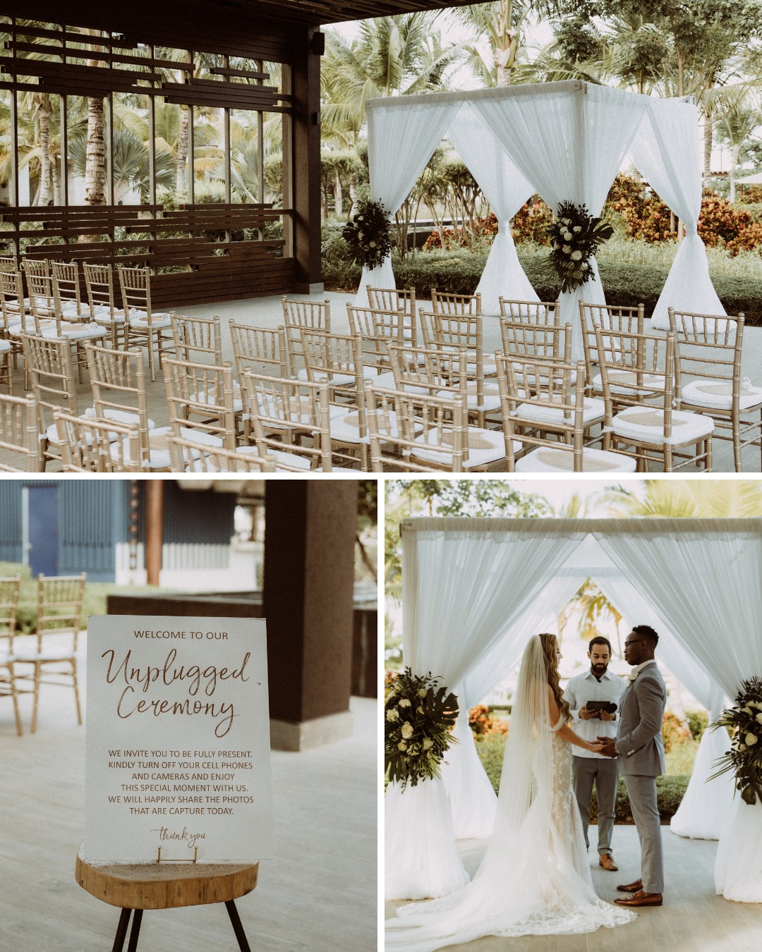 Outdoor wedding ceremony setup with a wooden pavilion, white drapery, and floral arrangements. Rows of chairs face the altar. A sign reads "Welcome to our Unplugged Ceremony.