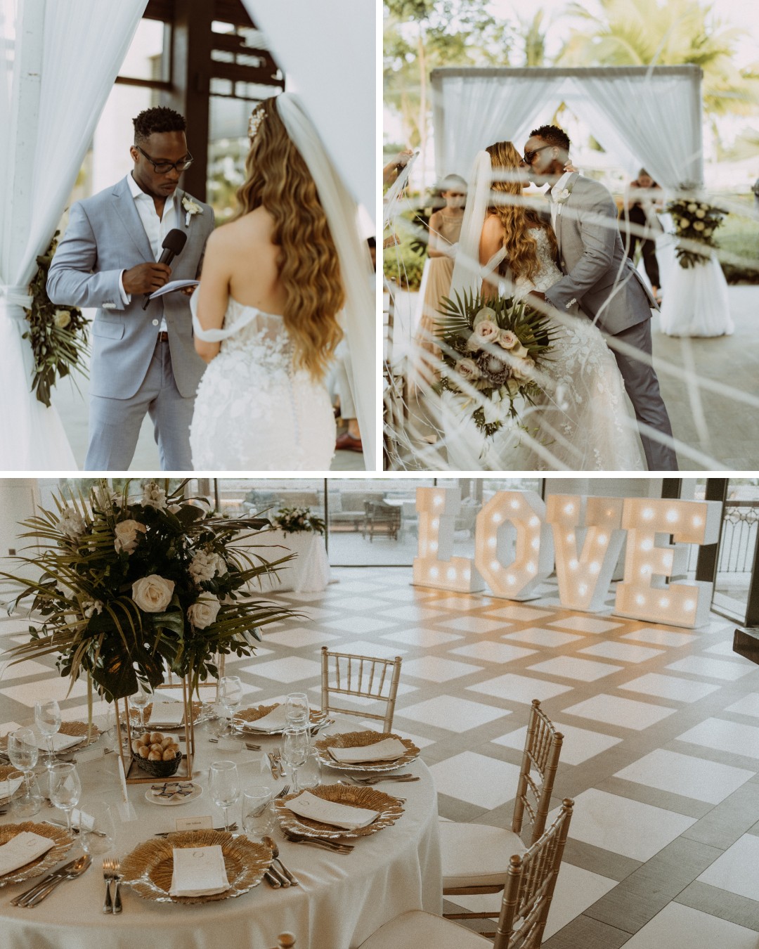 A couple exchanges vows at an outdoor wedding ceremony. The reception features "LOVE" marquee lights and a set table with decorative greenery.