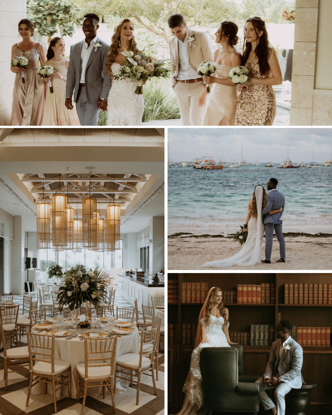 A wedding photoset showing a bridal party walking, a couple at the beach, a decorated reception hall, and the couple posing in a library.