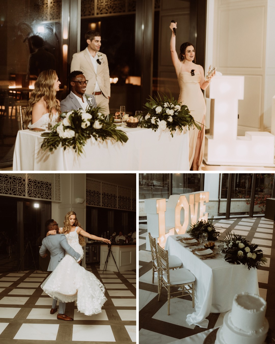 A couple at a wedding reception listens to a toast, sits at a decorated table, and dances. "LOVE" is illuminated in large letters nearby.