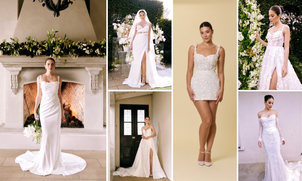 A collage of six images showing a woman in various wedding dresses, including long gowns and short dresses, all styled with floral details.