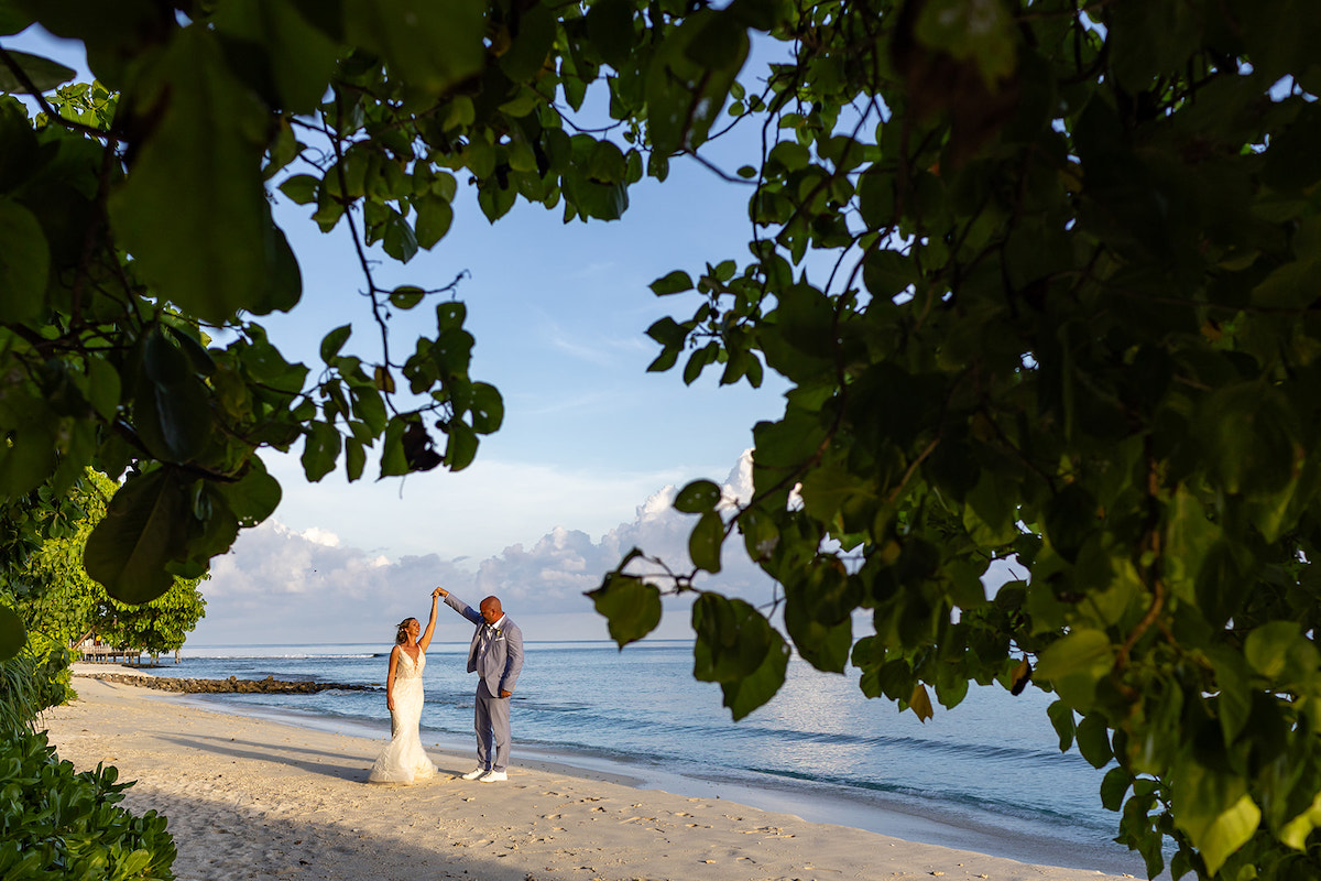 A couple dances on a sandy beach under a blue sky, framed by green leaves in the foreground.