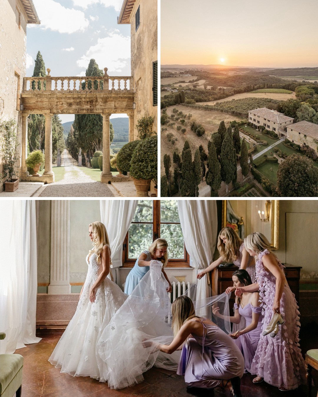 A bride gets ready with bridesmaids in lavender dresses. The venue features scenic countryside views, a historic building with an archway, and a sunset over rolling hills and vineyards.