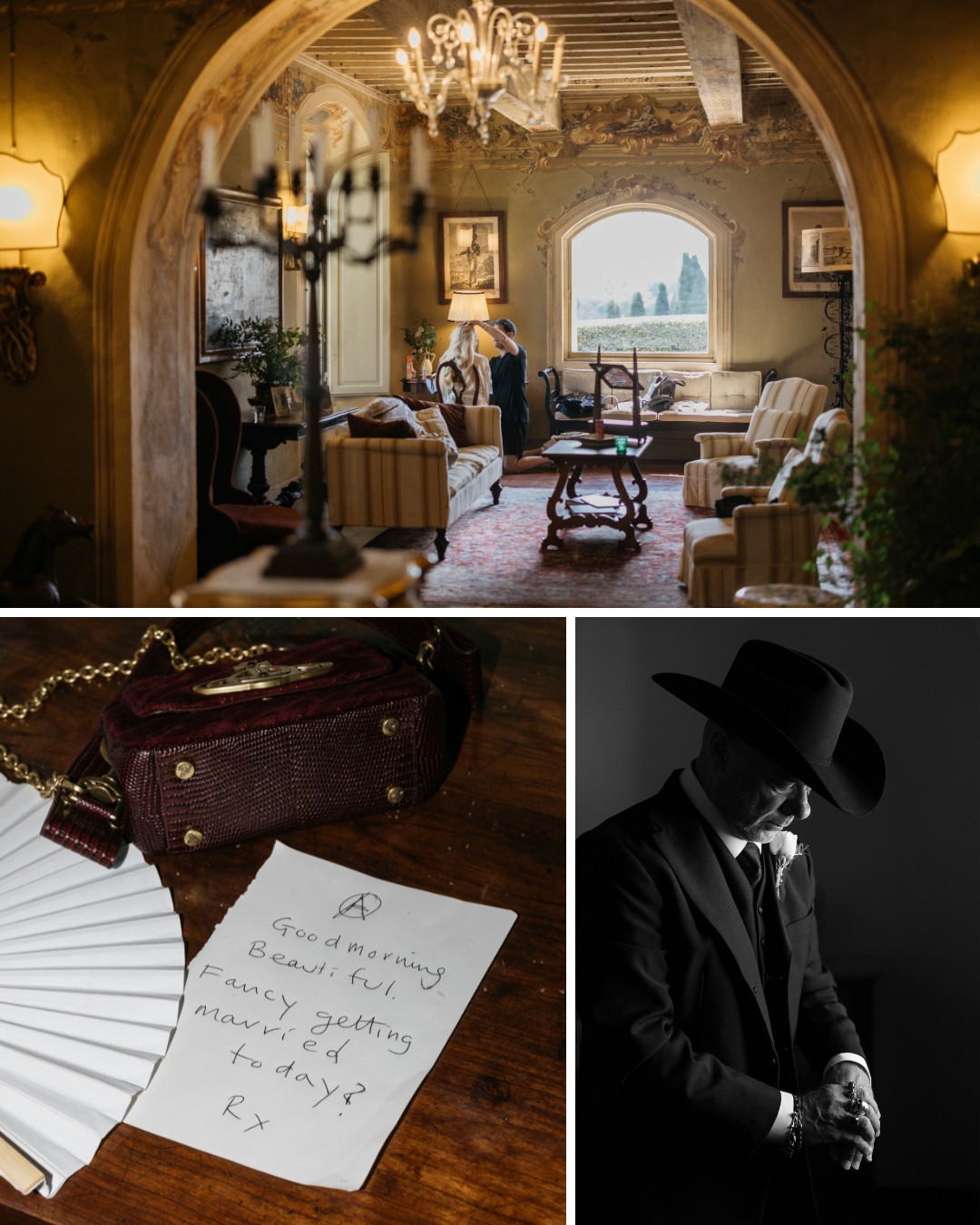 A rustic living room with ornate decor, a handwritten note on a table, and a man in a cowboy hat standing in the shadows.