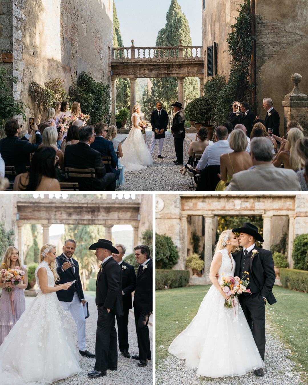 A wedding ceremony in an outdoor courtyard with a bride in a white dress and a groom in a black suit and cowboy hat. Guests are seated, and a stone structure is visible in the background.