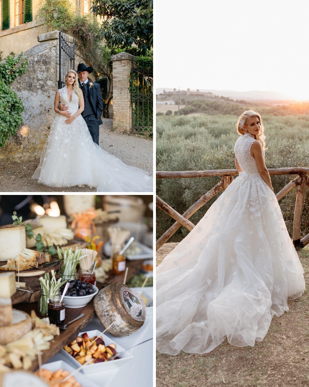 Bride and groom in wedding attire pose outdoors; bride looks over shoulder near a wooden fence; close-up of a table with assorted foods and cheeses.