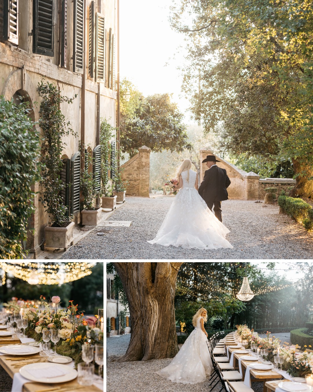 Bride and groom walk by a rustic building. Below, an outdoor table is set for a wedding reception with floral arrangements and string lights.