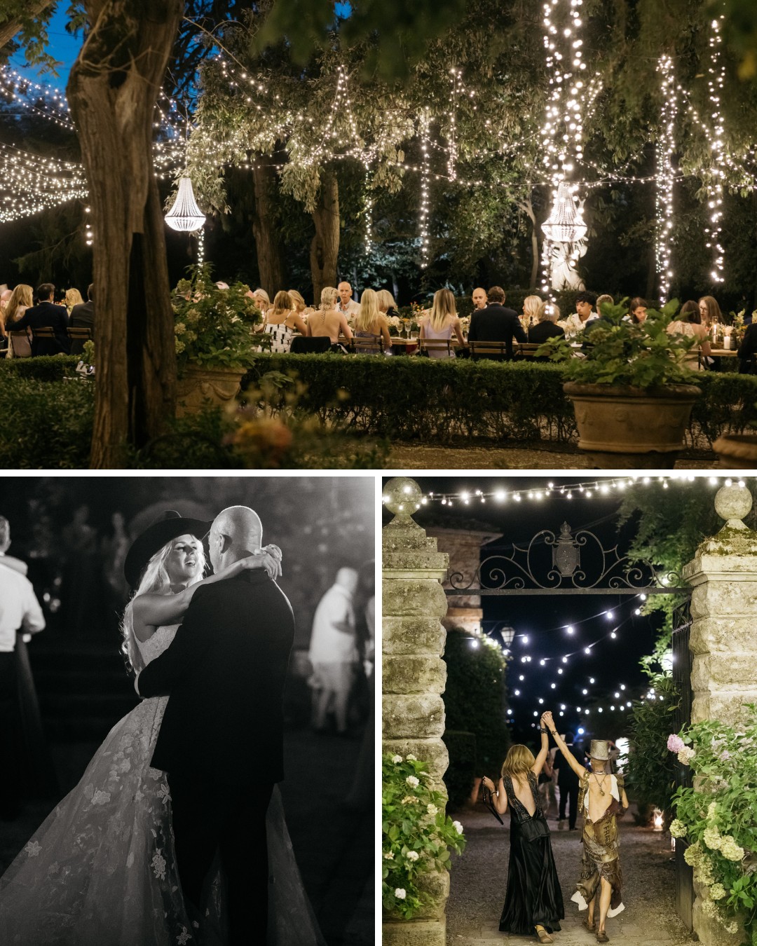 An outdoor evening wedding reception with string lights. Guests seated at tables, a couple dancing, and three people walking under an archway adorned with lights.