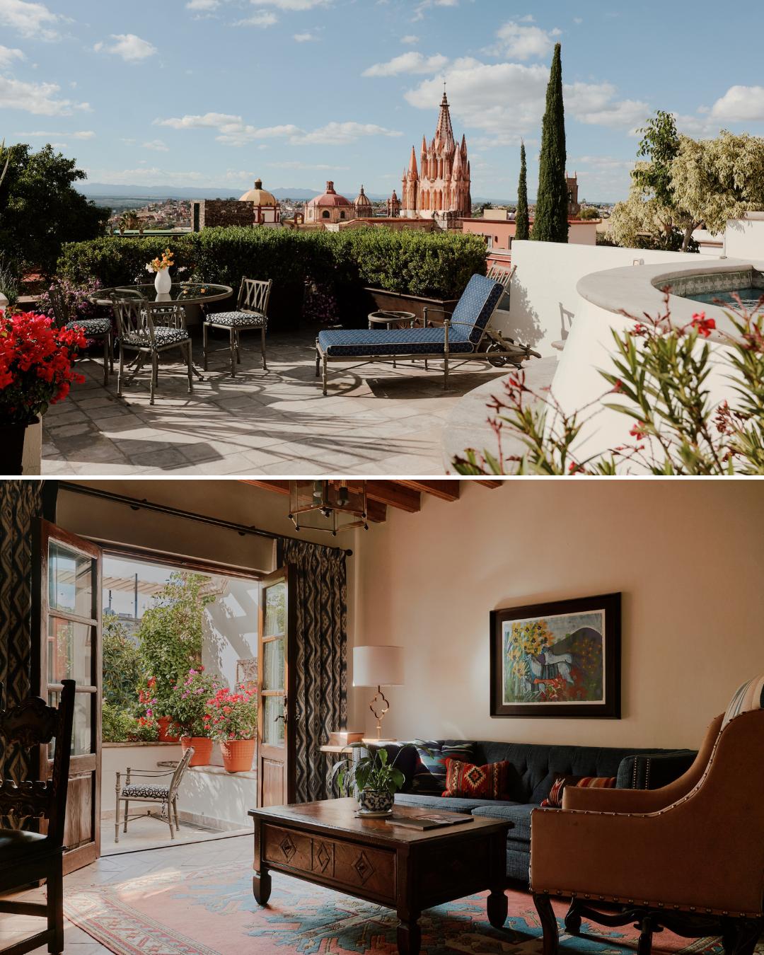 Top: Outdoor patio with table and chairs overlooking a city with a prominent church. Bottom: Cozy living room with open doors to a terrace.