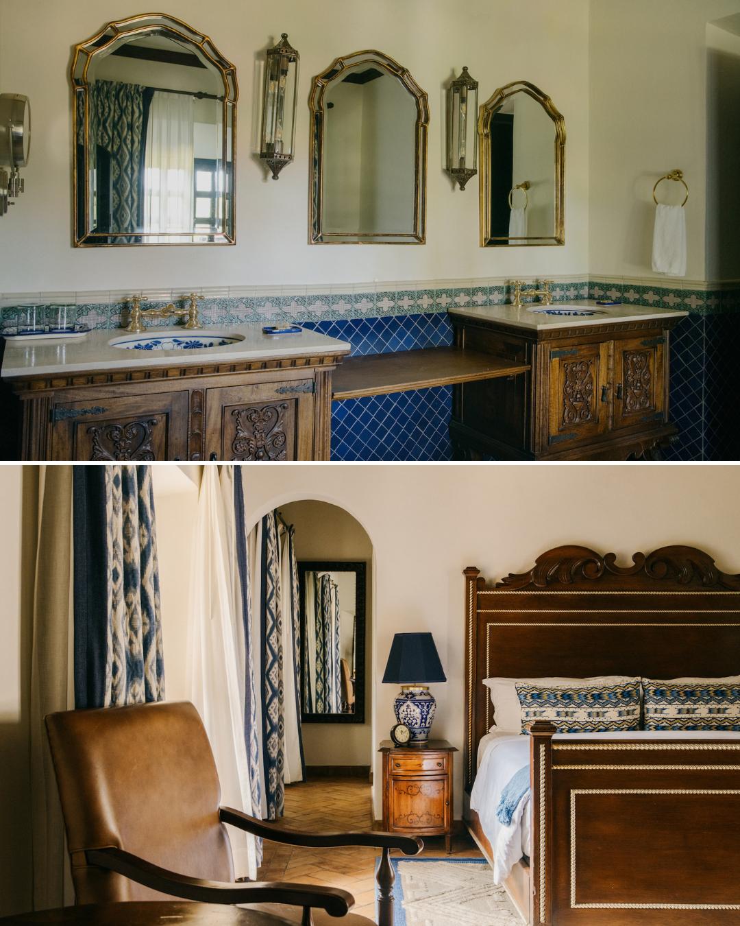 Two images: the top shows a bathroom with ornate mirrors and wooden vanities; the bottom shows a bedroom with a wooden bed, nightstand, lamp, and a leather chair.