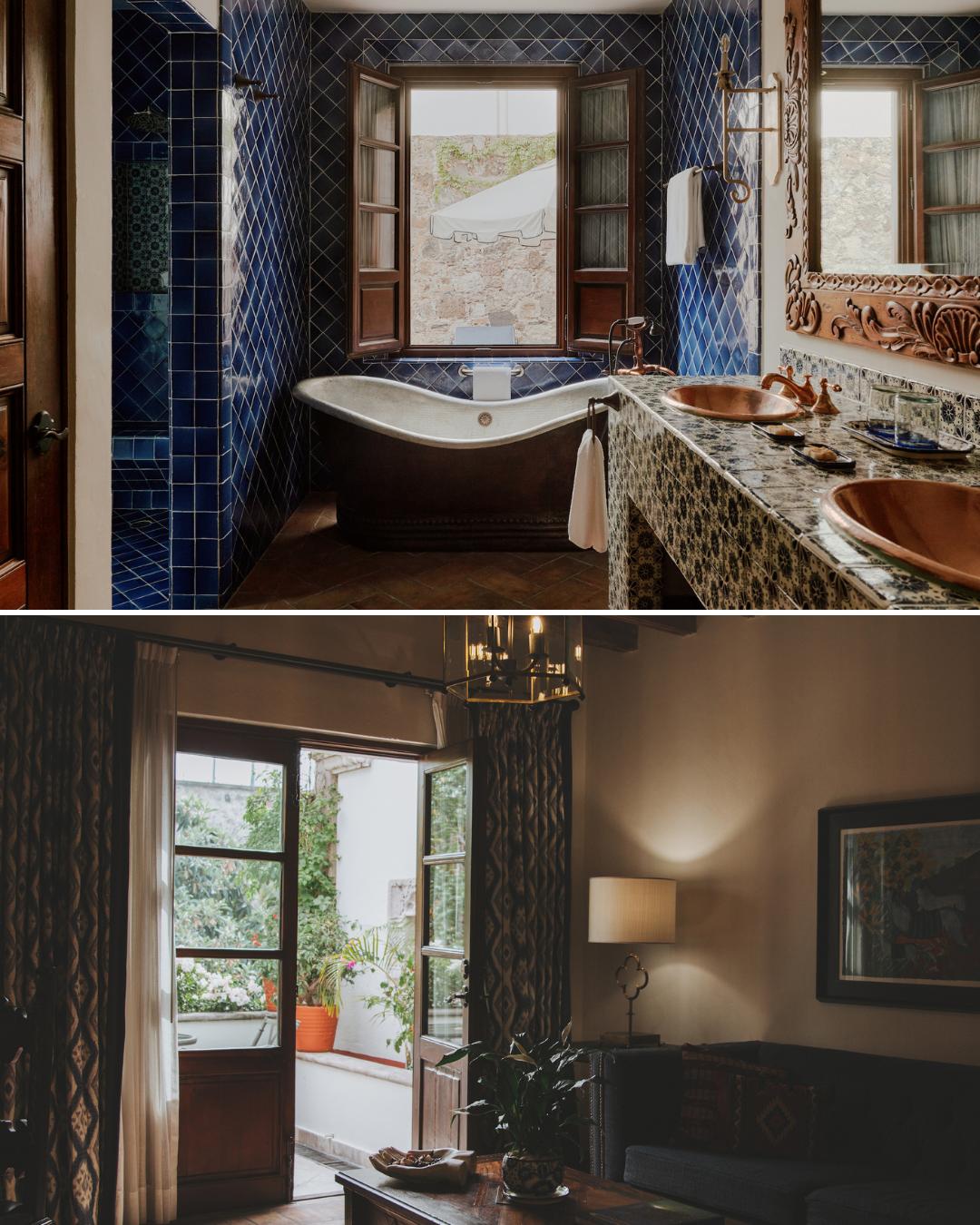 Split image: Top shows a bathroom with a freestanding tub, blue tiled walls, and open window; bottom shows a living area with a sofa, table, lamp, and open door to a garden.