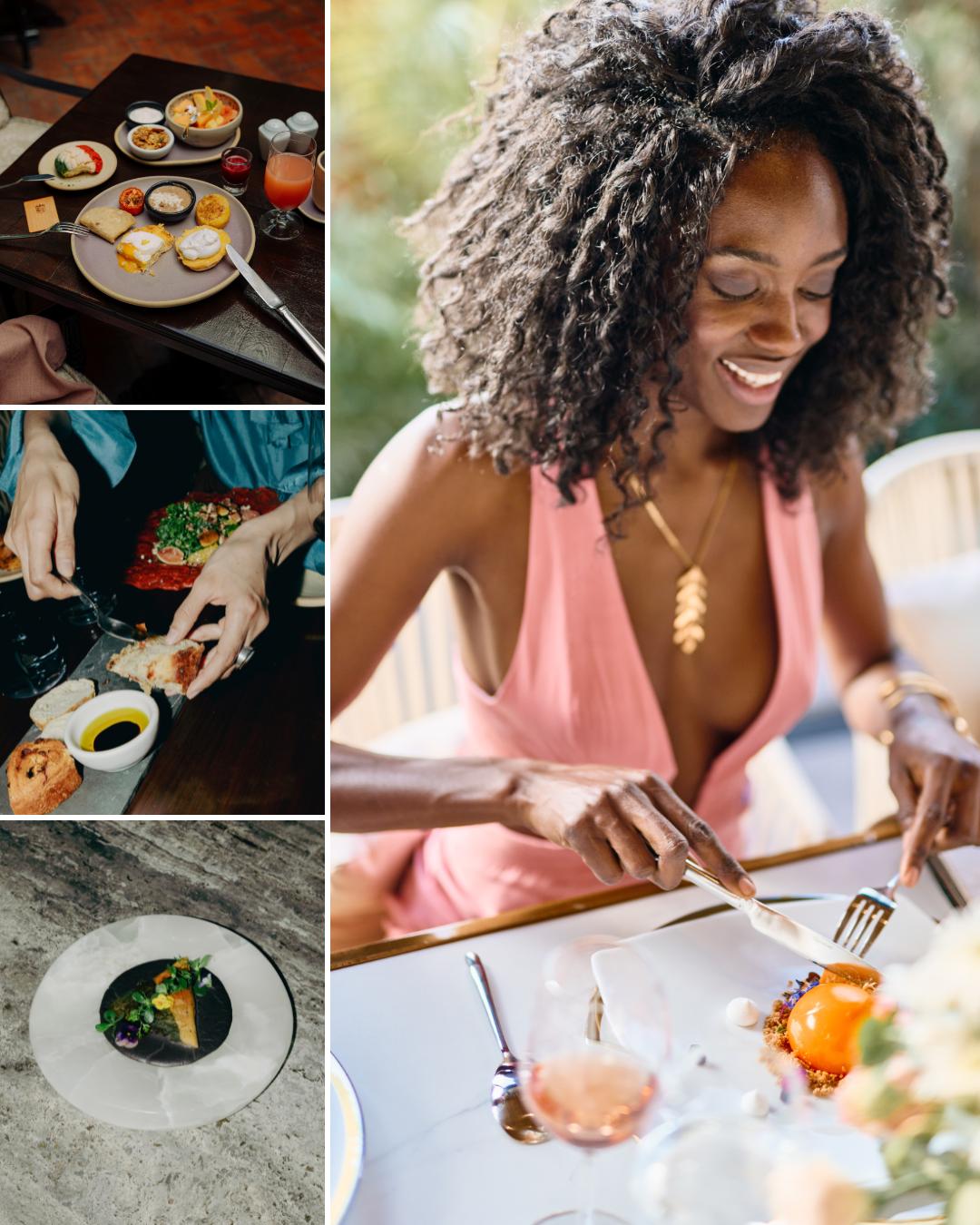 A woman in a pink dress eats at a table, surrounded by smaller images of various gourmet dishes and a person dipping bread in oil.
