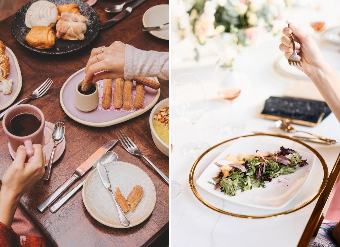 Split image showing two dining scenes: on the left, people eat pastries and drink coffee at a wooden table; on the right, a person eats salad at an elegantly set table.