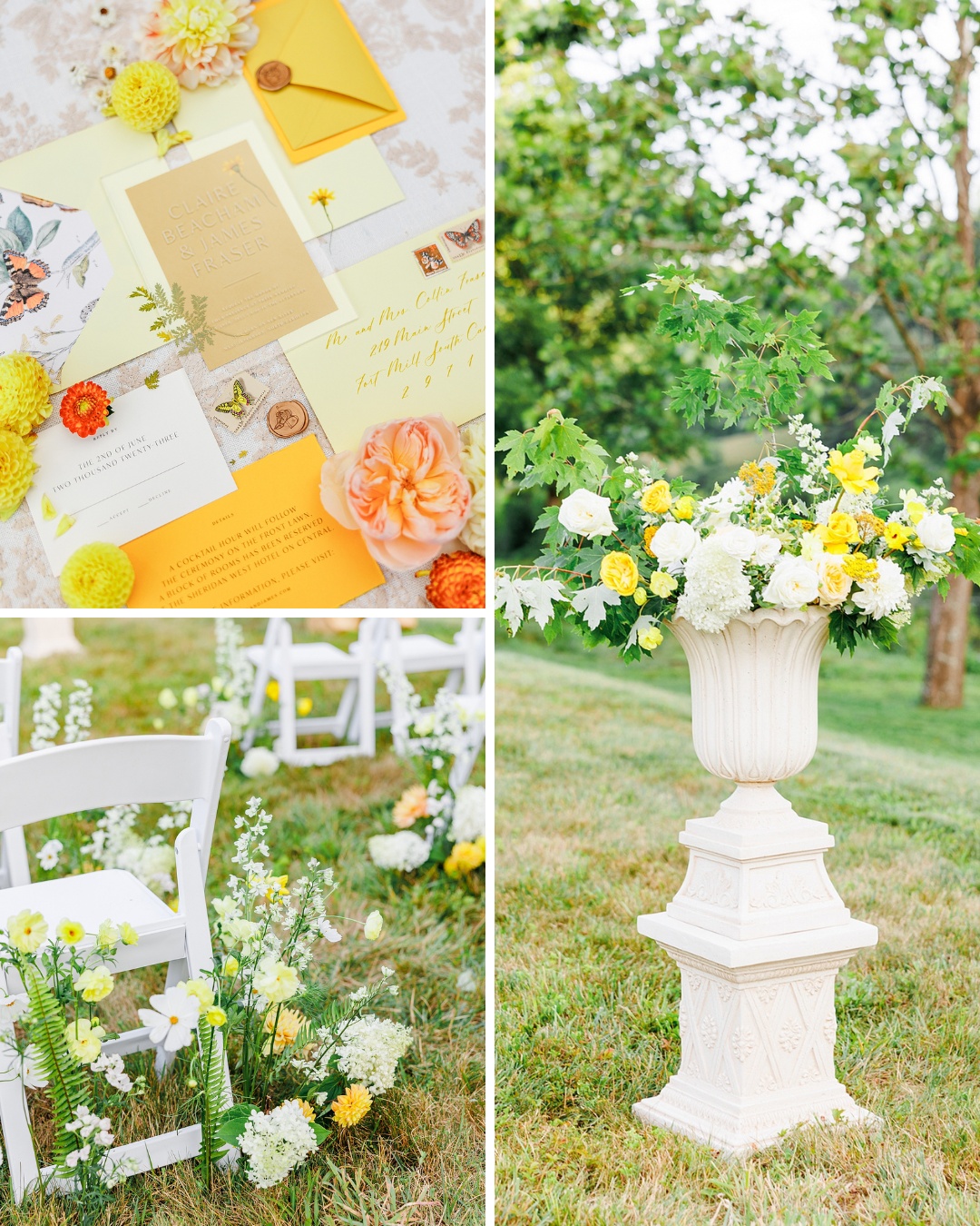 Collage of wedding details: floral stationery with yellow accents, white chairs with greenery and yellow flowers along the aisle, and an ornate pedestal with a large floral arrangement outdoors.