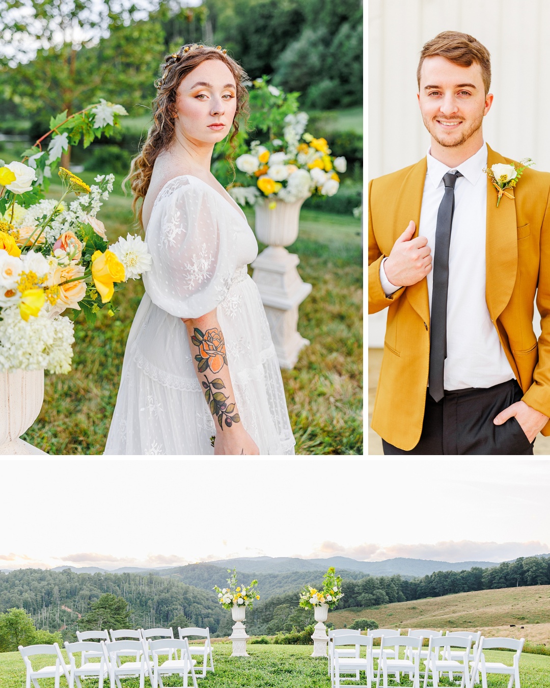 Bride in a white dress and groom in a mustard jacket pose separately; outdoor setup with white chairs and floral decorations in a scenic landscape.