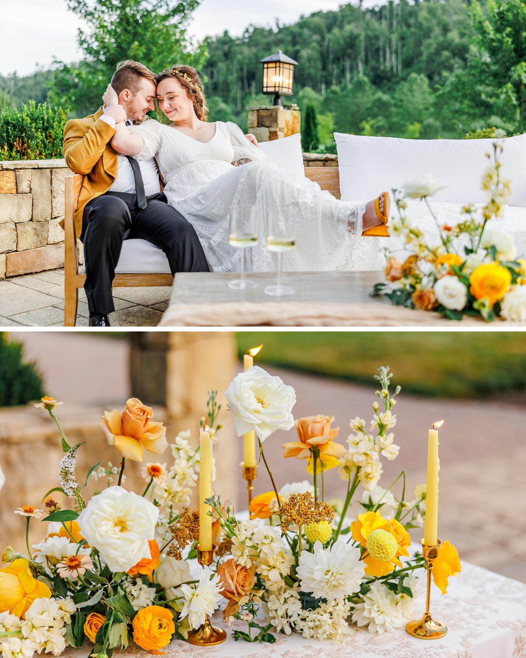 Couple in wedding attire sitting on a couch outdoors; surrounded by yellow and white flowers with lit candles nearby.