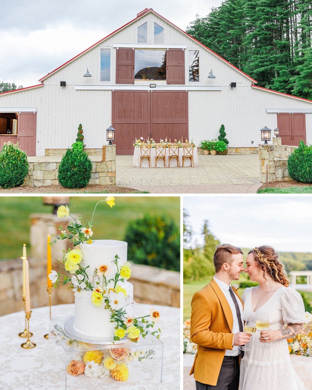 White barn with wooden doors; table set with drinks outside. Close-up of a white cake with yellow flowers. Couple in wedding attire holding drinks, smiling at each other in a scenic outdoor setting.